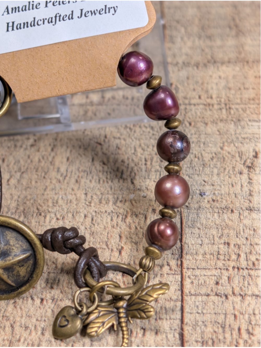 NEW Artisan Boho Cranberry Rustic Pearls Brown Knotted Leather Cord Button Brace - Picture 4 of 7
